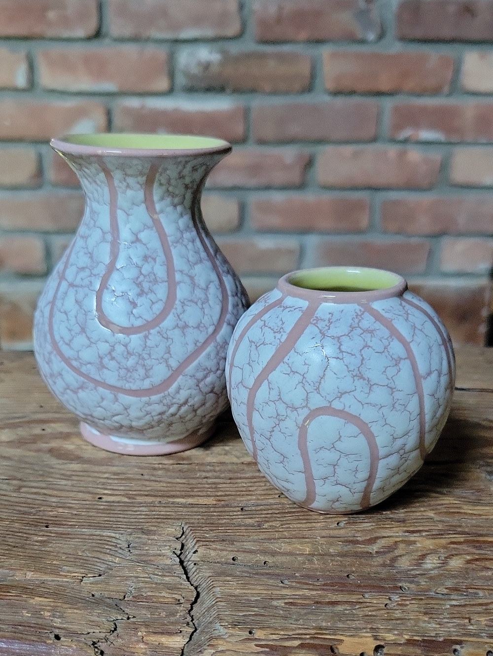 Vintage Marzi & Remy West Germany Pottery Vase Set 1950s Pink White Crackle MCM